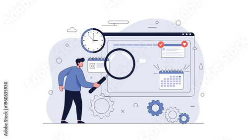 Professional using a magnifying glass to inspect a digital calendar and schedule for time management and planning.