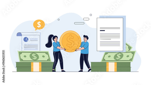 Two business partners holding a large gold coin together between stacks of cash and important financial documents.