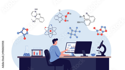Researcher sitting at a desk in a chemistry lab analyzing molecular structures and chemical formulas on a computer.