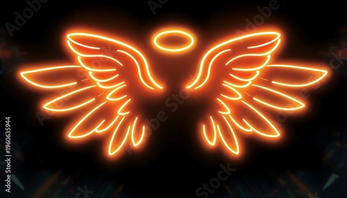 Neon angel wing and halo sign glowing in orange light