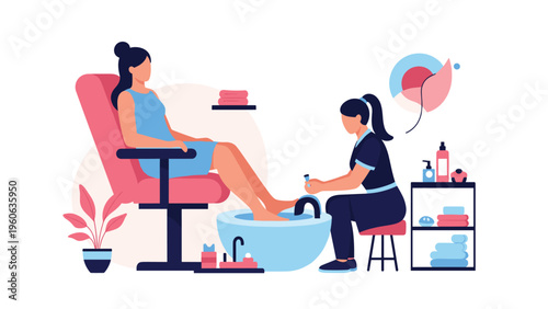 Woman receiving a professional pedicure treatment at a beauty salon or spa from a specialist in a relaxed environment.