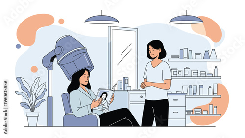 Customer reading a magazine while sitting under a professional hair dryer hood at a modern hair styling salon.