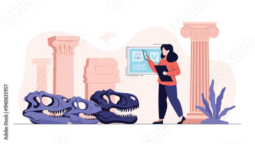 Female paleontologist examining ancient dinosaur fossils and T-rex skulls in a museum gallery with classical pillars.