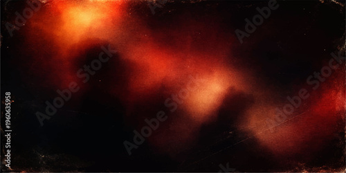 A dramatic explosion of hot orange flames and red heat energy erupts against a dark black sky, blending smoke and glowing star textures into a surreal nebula of fractal light and grunge art