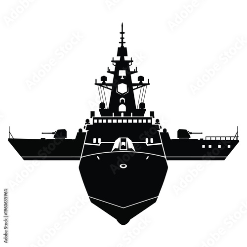 A black silhouette of a modern warship is shown from a front view.