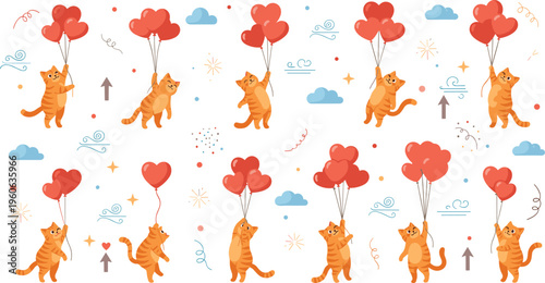 Cute cartoon cats with heart balloons seamless vector pattern featuring playful kittens flying with love symbols perfect for Valentine designs and romantic backgrounds