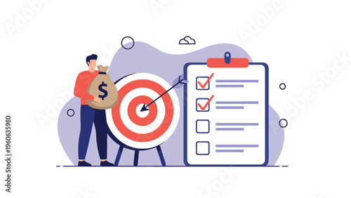 Businessman holding a money bag next to a target board with an arrow in the bullseye and a professional checklist.