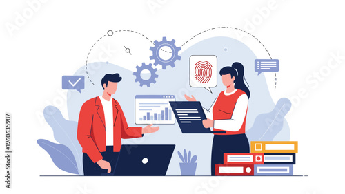 Professionals collaborating on data analytics and security systems featuring biometric fingerprint and gear icons.
