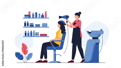 Professional hair stylist drying a customer hair at a modern salon with a hair washing station and various products.