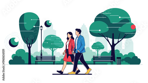 Man and woman walking together through a green city park with skyscrapers and trees in a stylized flat design.