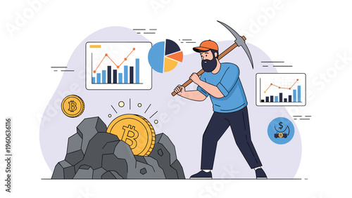 Concept of cryptocurrency mining featuring a man with a pickaxe excavating a large bitcoin from a pile of rocks.