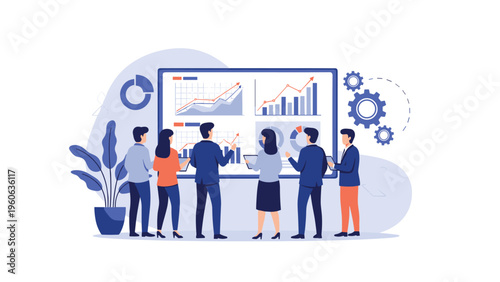 Group of professional business analysts standing in front of a large screen reviewing complex data charts and graphs.