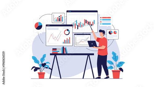 Professional coach explaining financial data and stock market trends on multiple screens in a modern workspace.
