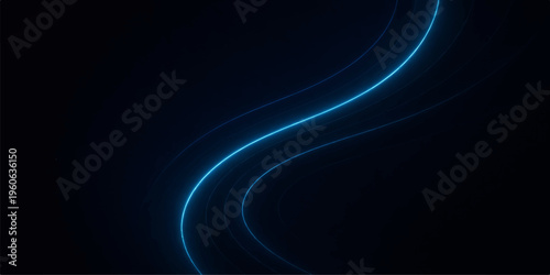 A futuristic digital illustration features a flowing abstract blue wave pattern with glowing fractal lines and purple light curves against a dark textured space backdrop