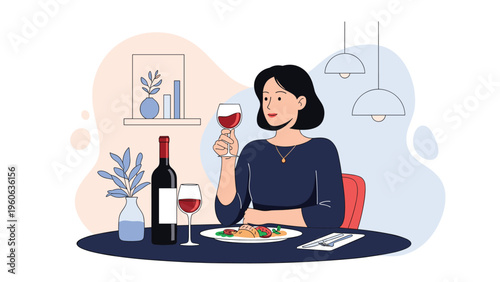 Elegant woman sitting at a restaurant table enjoying a glass of fine red wine while having a gourmet dinner meal.