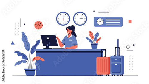 Friendly receptionist working at a hotel front desk with luggage and international clocks in the background.