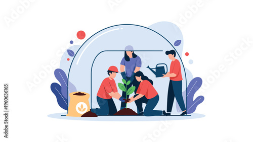 Group of people working together to plant and care for young saplings inside a professional greenhouse nursery.