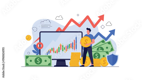 Successful investor celebrating as stock market charts show significant growth with money and coins surrounding him.