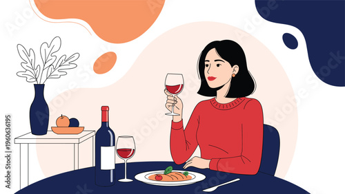 Woman sitting at a table in an upscale dining setting with a glass of fine red wine and a plate of grilled salmon.