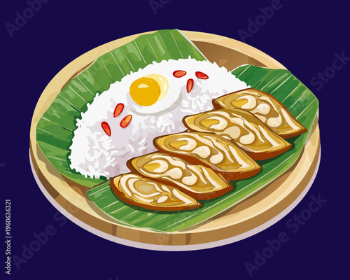 Traditional noodle soup with meatballs and green vegetables served in a bowl for warm meal time - Vector Illustration