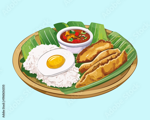 Roasted duck leg served with rice and fresh side salad for premium asian traditional culinary experience - Vector Illustration