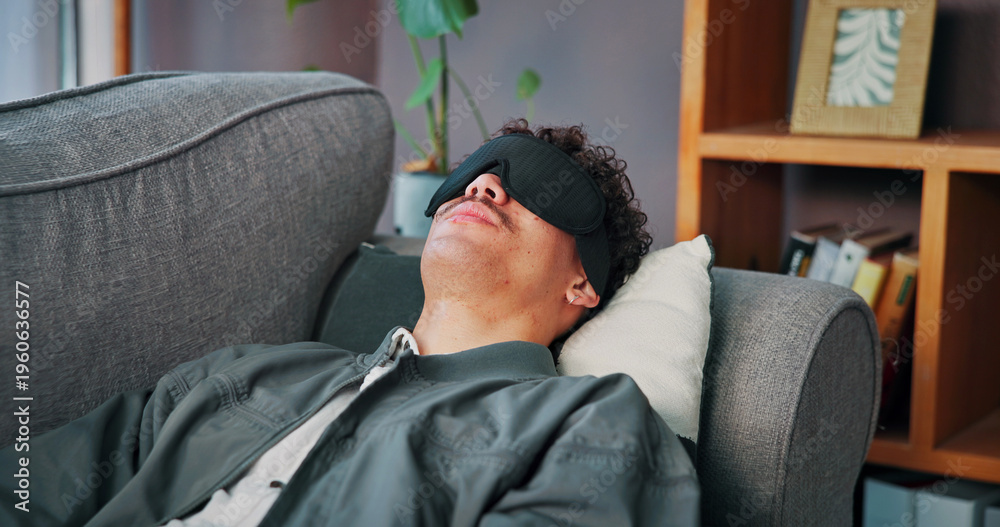Fototapeta premium Consultation, therapy and man with blindfold, memory technique and session for recovery or support. Counselor, psychologist and patient with sensory depravation for mental health, check up and help