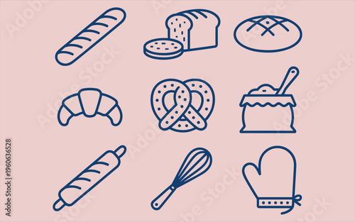 Set of nine blue line featuring bakery and kitchen baking tools on a pink background