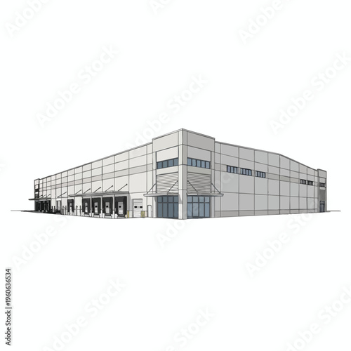 Expansive, modern industrial warehouse with loading docks and windows