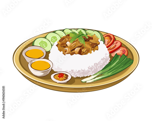 Fried tofu and tempeh served with rice and vegetables for healthy traditional vegetarian meal option - Vector Illustration