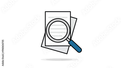 Magnifying glass examines documents closely symbolizing investigation and research with a blue handle