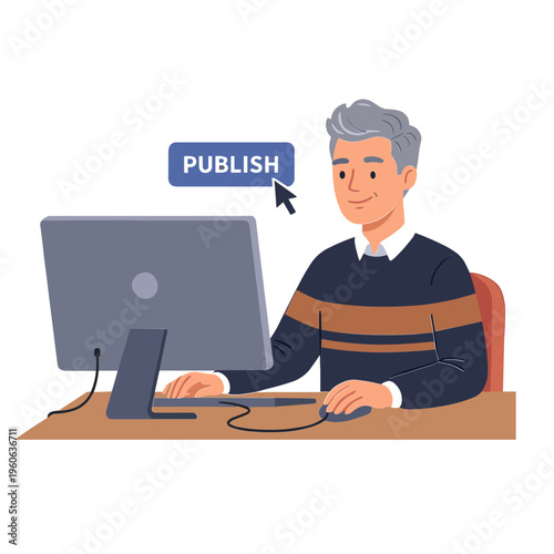Man sitting at desk publishing content on computer screen