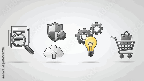 Business concepts icons set including security ideas and e commerce elements on white background