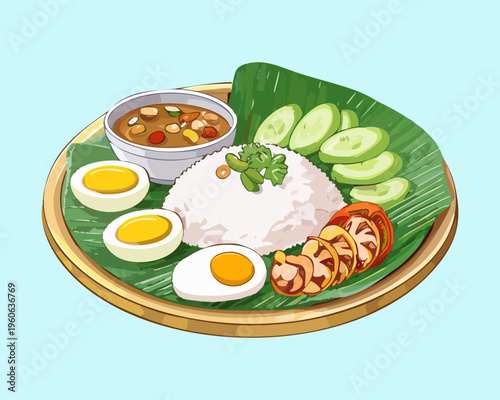 Savory rice set with egg and spicy condiments served for traditional asian street food breakfast experience - Vector Illustration