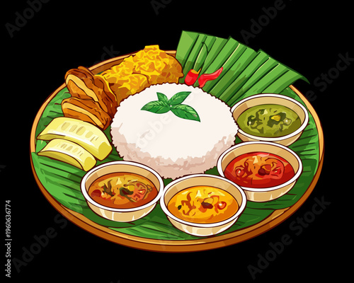 Authentic rice platter with egg and spicy side dishes for traditional asian culinary dinner meal setup - Vector Illustration