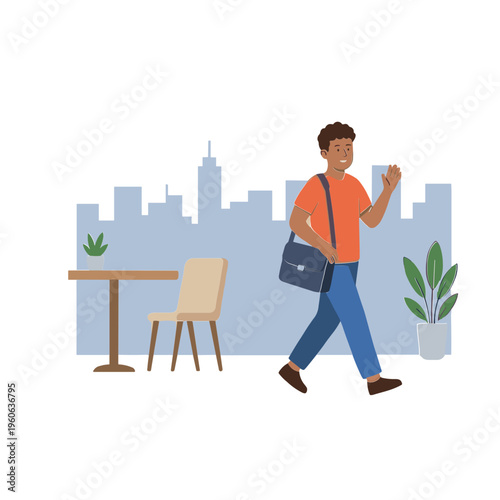 A man walks through an urban outdoor seating area with a city skyline.