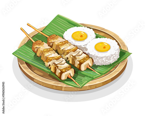Traditional Grilled Meat Satay Skewers Served with Rice Cakes and Fried Eggs on Wooden Tray - Vector Illustration