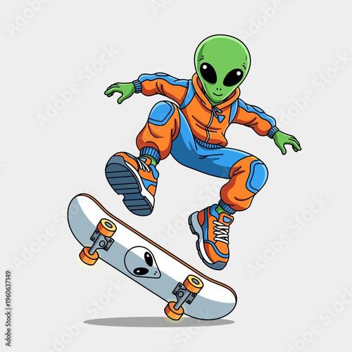Green alien skateboarder doing a trick in the air, futuristic sportswear