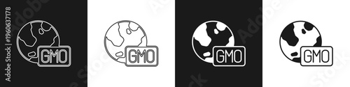 Set GMO icon isolated on black and white background. Genetically modified organism acronym. Dna food modification. Vector