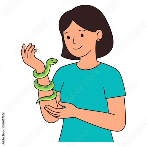 A woman holds and looks at a green snake wrapped around her arm.