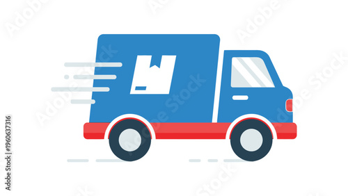 Delivery truck with package icon on side moving fast on road with motion blur effect