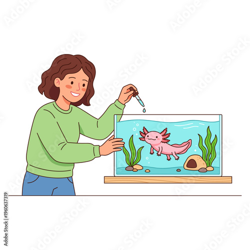 A woman feeds a pink axolotl in an aquarium with plants and a shell on a table indoors.