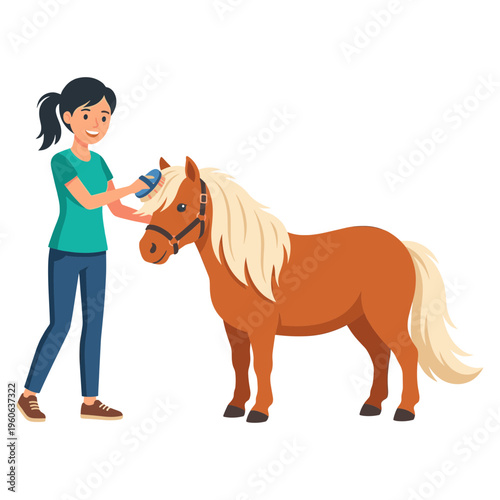 Woman gently brushing a brown horse's mane with a blue brush