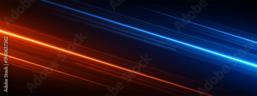 Abstract red and blue light streaks motion background design wallpaper. Abstract composition of red and blue glowing light streaks moving diagonally across a dark background creating a sense of speed 
