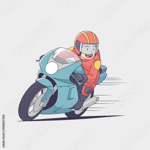 Happy Racer in Red Suit on Blue Sport Motorcycle Speeding