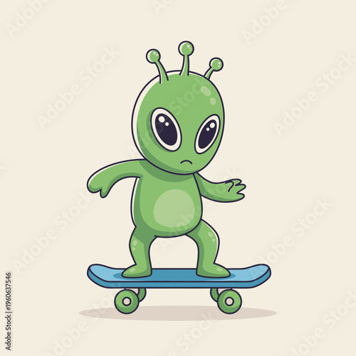 Cute Green Alien Riding a Skateboard