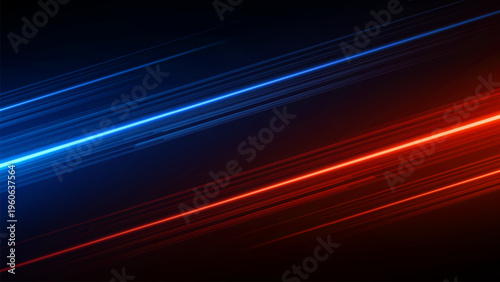 Abstract red and blue light streaks motion background design wallpaper. Abstract composition of red and blue glowing light streaks moving diagonally across a dark background creating a sense of speed 