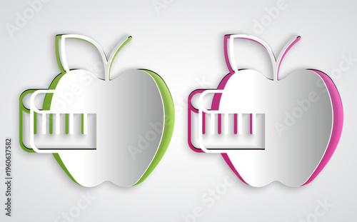 Paper cut Apple and measuring tape icon isolated on grey background. Excess weight. Healthy diet menu. Fitness diet apple. Paper art style. Vector