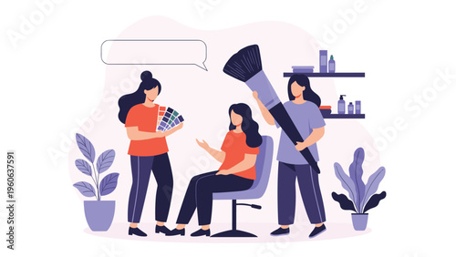 Professional makeup artists help a client select beauty products using a large brush and a color palette in a modern studio.