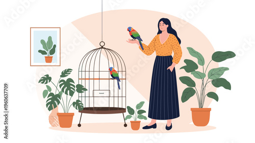 Animal lover spending a peaceful moment at home with her colorful parrots and a variety of indoor houseplants in her living room.