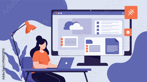 Digital professional managing cloud storage and online files while working on a laptop in a modern, plant-filled workspace.